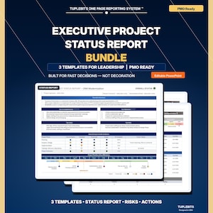 Puede incluir: Un paquete digital de tres plantillas de informes de estado de proyectos ejecutivos para PowerPoint. El gráfico azul oscuro presenta texto en blanco que incluye "Executive Project Status Report Bundle" y "3 Templates for Leadership" con una vista previa de un documento de informe que muestra el estado, las métricas y los cronogramas del proyecto.