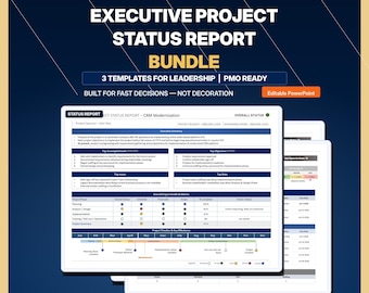May include: A digital bundle of three executive project status report templates for PowerPoint. The dark blue graphic features white text including "Executive Project Status Report Bundle" and "3 Templates for Leadership" with a preview of a project status report document showing project health, metrics, and timelines.