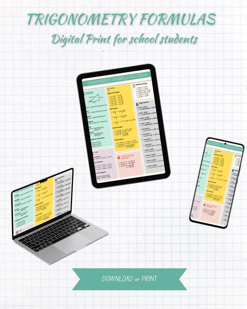 Trigonometry Formulas Poster: High School Math Cheat Sheet (digital ...