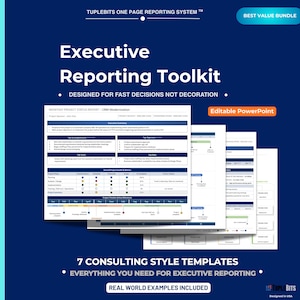 Pode incluir: Gráfico azul escuro com o texto "Executive Reporting Toolkit" e "Designed for Fast Decisions Not Decoration". A imagem inclui vários documentos brancos com gráficos e o texto "7 Consulting Style Templates".