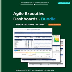 May include: A bundle of Agile Executive Dashboards with the text "Risks & Decisions - Actions". The image includes several pages of data reports, with the text "Executive Ready" and "Editable PowerPoint". The bottom of the image reads "Designed for Fast Decisions Not Decoration".