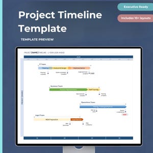 May include: A digital project timeline template displayed on a screen, featuring the text Project Timeline Template, Executive Ready, and Includes 10+ layouts. The chart tracks IT, Business, Operations, and Legal teams with color-coded bars.