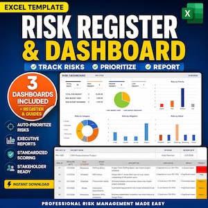 May include: An Excel template for risk management, displaying a dashboard with charts and graphs. The design includes auto-prioritise risks, executive reports, and standardised scoring. The title reads "Risk Register & Dashboard" with the text "Track Risks, Prioritise, Report."