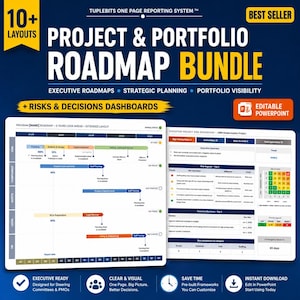 May include: A digital product bundle with project and portfolio roadmap templates. The image features a blue and white design with the text "Project & Portfolio Roadmap Bundle" and "Executive Roadmaps". Includes editable PowerPoint files and risk dashboards.