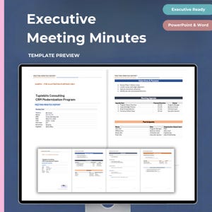 May include: A digital template preview for Executive Meeting Minutes displayed on a screen. The document includes sections for Meeting Report, Objectives, Agenda, and Participants, with text fields for Tuplebits Consulting CRM Program.