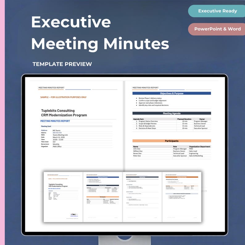 May include: A digital template preview for Executive Meeting Minutes displayed on a screen. The document includes sections for Meeting Report, Objectives, Agenda, and Participants, with text fields for Tuplebits Consulting CRM Program.