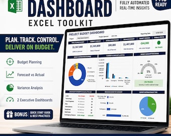 May include: A laptop displaying a Project Budget Dashboard Excel toolkit with data tables, pie charts, and bar graphs. Text includes Project Budget Dashboard, Plan. Track. Control. Deliver on Budget, PMO Ready, and Bonus Quick Start Guide.