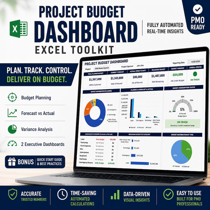 May include: A laptop displaying a Project Budget Dashboard Excel toolkit with data tables, pie charts, and bar graphs. Text includes Project Budget Dashboard, Plan. Track. Control. Deliver on Budget, PMO Ready, and Bonus Quick Start Guide.
