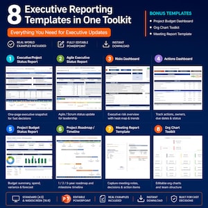 May include: A digital toolkit featuring 8 executive reporting templates for PowerPoint, including project status, agile, risk, and action dashboards, budget reports, roadmaps, meeting notes, and org charts, all designed for fast executive updates.