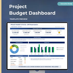 May include: A digital project budget dashboard template preview titled Project Budget Dashboard and Executive Ready. The screen displays a CRM Modernization status report with financial data, a pie chart, a bar graph, and variance tables.