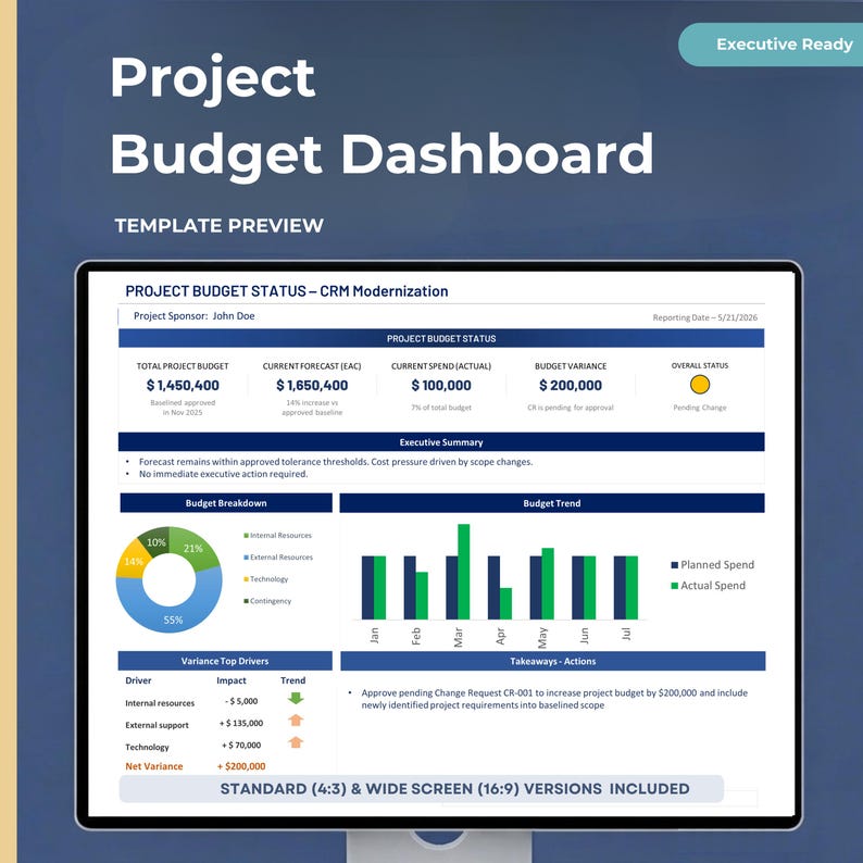 May include: A digital project budget dashboard template preview titled Project Budget Dashboard and Executive Ready. The screen displays a CRM Modernization status report with financial data, a pie chart, a bar graph, and variance tables.