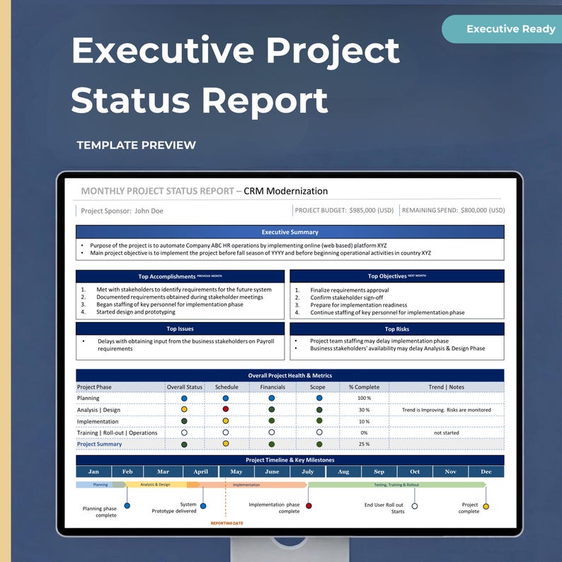 May include: A digital template for an Executive Project Status Report displayed on a screen. The document includes sections for an executive summary, top accomplishments, objectives, issues, risks, project health metrics, and a timeline for CRM modernization.