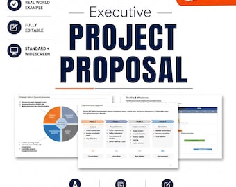 May include: A PowerPoint template titled Executive Project Proposal by Tuplebits Executive Reporting System. It features slides with diagrams, a four-phase implementation approach, a timeline, and milestones. Icons indicate it is fully editable.