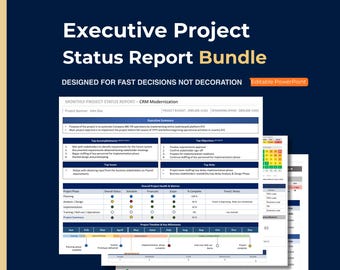 May include: An Executive Project Status Report Bundle by Tuplebits featuring a dark blue background with white text. The document includes a monthly project status report template with sections for executive summary, accomplishments, objectives, risks, and a project timeline.
