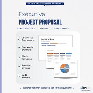 Puede incluir: Un gráfico con el texto "Executive PROJECT PROPOSAL" y "CONSULTING STYLE, 18 SLIDES, FULLY EDITABLE." La imagen incluye diapositivas de ejemplo de propuestas de proyectos y viñetas: Estructura estructurada, Ejemplo del mundo real, Plantilla en blanco, pantallas estándar y pantallas anchas.