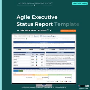 以下が含まれることがあります： ダークティール色の背景に白いテキストが配置された、PowerPoint用のAgileエグゼクティブステータスレポートテンプレート。ドキュメントには、スプリントサマリーステータス、エグゼクティブサマリー、スプリントメトリクス、主要な成果物、インサイト、アクション、およびエピックとスプリントのタイムラインのセクションが含まれています。