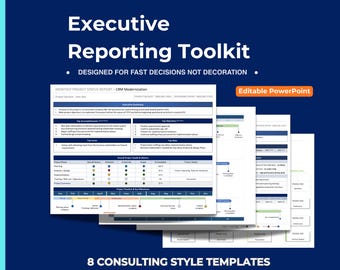 May include: The Tuplebits Executive Reporting Toolkit is a digital bundle featuring 8 consulting-style templates for project status reports. The dark blue graphic displays editable PowerPoint slides with project timelines, health metrics, and executive summaries.