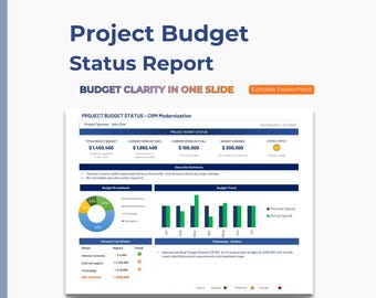 May include: A Project Budget Status Report template for PowerPoint titled CRM Modernization. It displays financial data including total budget, forecast, actual spend, and variance, alongside a pie chart, bar graph, and a table of variance drivers.
