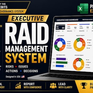 以下が含まれることがあります： ラップトップには、データ視覚化を備えた「Executive RAID Management System」ダッシュボードが表示されています。画像には「PMO-Ready Excel Tool」と「Excel 2016+ No Macros」というテキストが含まれています。デザインは濃い青と金です。
