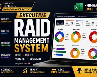 May include: A laptop displaying an Executive RAID Dashboard with colorful pie charts and data tables. The screen shows metrics for risks, issues, actions, and decisions. Text includes Tuplebits PMO Governance System and PMO-Ready Excel Tool.