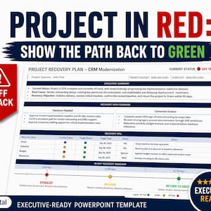 May include: A digital project recovery plan template for CRM modernization. The document includes an executive summary, recovery path, KPIs, and a 90-day roadmap. It features red, yellow, and green status indicators and text labels.