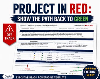 May include: A digital project recovery plan template for CRM modernization. The document includes an executive summary, recovery path, KPIs, and a 90-day roadmap. It features red, yellow, and green status indicators and text labels.