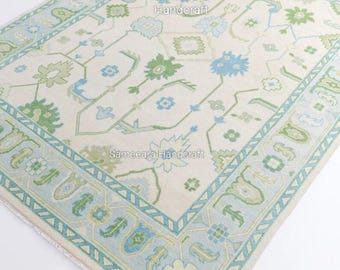 Vintage Turkish Oushak Rug 8x10: Hand-Knotted Wool Area Rug 6x9, Boho Farmhouse Style Rug, Blue Oushak Oriental Rug for Living Room 9x12