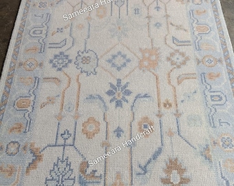 Vintage Turkish Oushak Rug 8x10: Hand-Knotted Wool Area Rug 6x9, Boho Farmhouse Style Rug, Blue Oriental Rug for Living Room 9x12