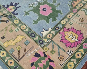 Custom Size Rug | Blue Turkish Oushak Rug 8x10: Hand-Knotted Vintage Area Rug 6x9