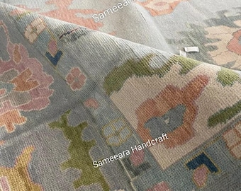 Vintage Turks oushak-tapijt 8 x 10: handgeknoopt wollen vloerkleed 6 x 9, boho-vloerkleed boerderijstijl, blauw oosters oushak-tapijt voor woonkamer 9 x 12