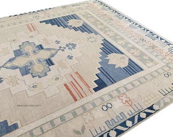 Blue Turkish Oushak Rug 8x10: Hand-Knotted Wool Area Rug 6x9,   Boho Farmhouse Vintage Oushak Rug 9x12, Oriental Rug for Living Room 5x7.
