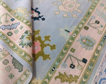 Vintage Turks oushak-tapijt 8 x 10: handgeknoopt wollen vloerkleed 6 x 9, boho-tapijt in boerderijstijl, blauw oosters tapijt voor woonkamer 9 x 12