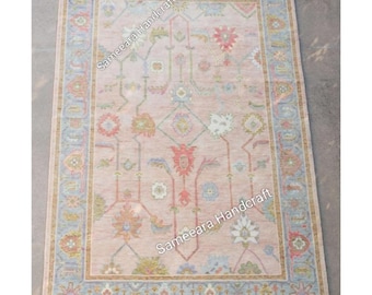 Roze Turks oushak-tapijt 8 x 10: roze en witte wollen vloerkleed, handgeknoopt oosters tapijt voor eetkamer en woonkamer 6 x 9, 9 x 12, vintage vloerkleed.