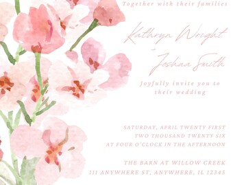 May include: Watercolor wedding invitation featuring pink flowers and text. The invitation reads "Kathryn Wright + Joshua Smith" and includes the wedding date, time, and location: The Barn at Willow Creek.