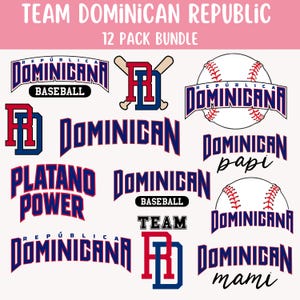 Könnte beinhalten: Eine Sammlung von Baseball-Grafiken mit den Texten "Team Dominican Republic" und "12er Pack Bundle". Die Designs zeigen die Wörter "Dominicana", "Baseball", "Platano Power" und "Team". Die Farben sind Rot, Blau und Weiß.
