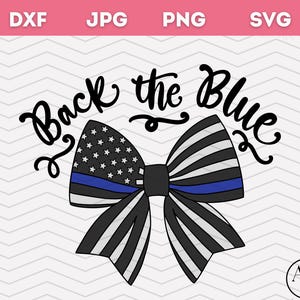 May include: A black and white bow with a blue stripe and a section of stars and stripes, with the words "Back the Blue" in a script font. The bow is set against a white chevron background.