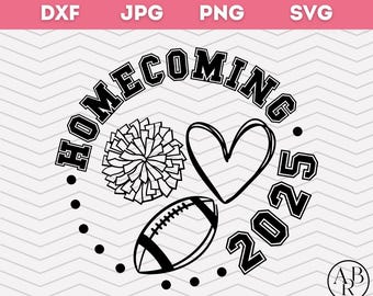 May include: Black and white graphic design with the word "HOMECOMING" arched above a pom-pom, heart, and football. The numbers "2025" are below the heart and football. The design is surrounded by small black dots.