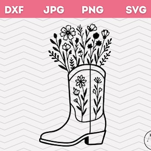 May include: Black and white line art of a cowboy boot filled with flowers. The boot has floral designs on the side and is filled with various flowers and leaves. The image includes the file type labels: DXF, JPG, PNG, and SVG.