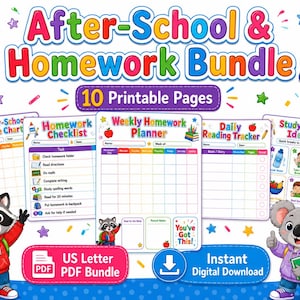 After School Routine Chart for Kids, Homework Checklist, Weekly Planner, Reading Tracker & Reward Chart Printable PDF Bundle
