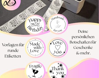 Modèles d'étiquettes adhésives à imprimer | Modèles pour imprimantes thermiques | Téléchargement PDF et PNG | 5 x 5 cm | 2" | Anniversaire | Remerciements | Fait main