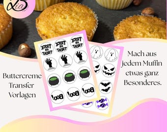 Modèles de cupcakes d'Halloween à imprimer | Modèles de transfert de crème au beurre pour cupcakes | Téléchargement PDF | Décoration de cupcakes | Modèles de pâtisserie