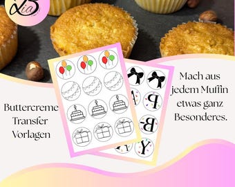 Modèles de cupcakes d'anniversaire à imprimer | Modèles de transfert de crème au beurre pour cupcakes | Téléchargement PDF | Décoration de cupcakes | Modèles de pâtisserie