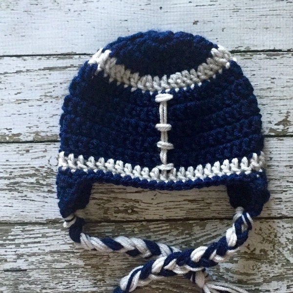 Dallas Cowboys Inspired Football Beanie in Navy and Silver Available in Newborn to Child Size- MADE TO ORDER