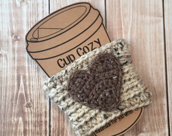 Valentine's Day Coffee Cup Cozy/Coffee Cup Cozies/Heart Coffee Cup Cozy/Crochet Coffee Cup Cozy in Oatmeal and Barley- MADE TO ORDER