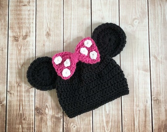 Minnie Mouse Inspired Hat/ Crochet Minnie Mouse Hat/ Available in Newborn to Adult Size- MADE TO ORDER