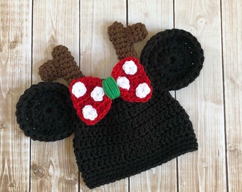 Minnie Mouse Reindeer Christmas Inspired Hat/ Crochet Minnie Mouse Hat/ Available in Newborn to Adult Size- MADE TO ORDER