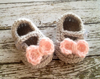 Mary Jane Baby Booties/Baby Shoes/Soft Shoes/Shoes in Pale Pink and Gray Available in 0 to 24 Months Size- MADE TO ORDER