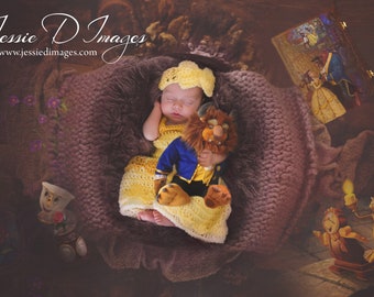 Princess Belle Beauty and the Beast Inspired Costume/Crochet Princess Belle Dress/Princess Photo Prop Newborn to 12 Months- MADE TO ORDER