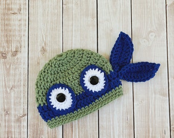 Ninja Turtle Inspired Beanie in Green and Blue Available in Newborn to Adult Size- MADE TO ORDER