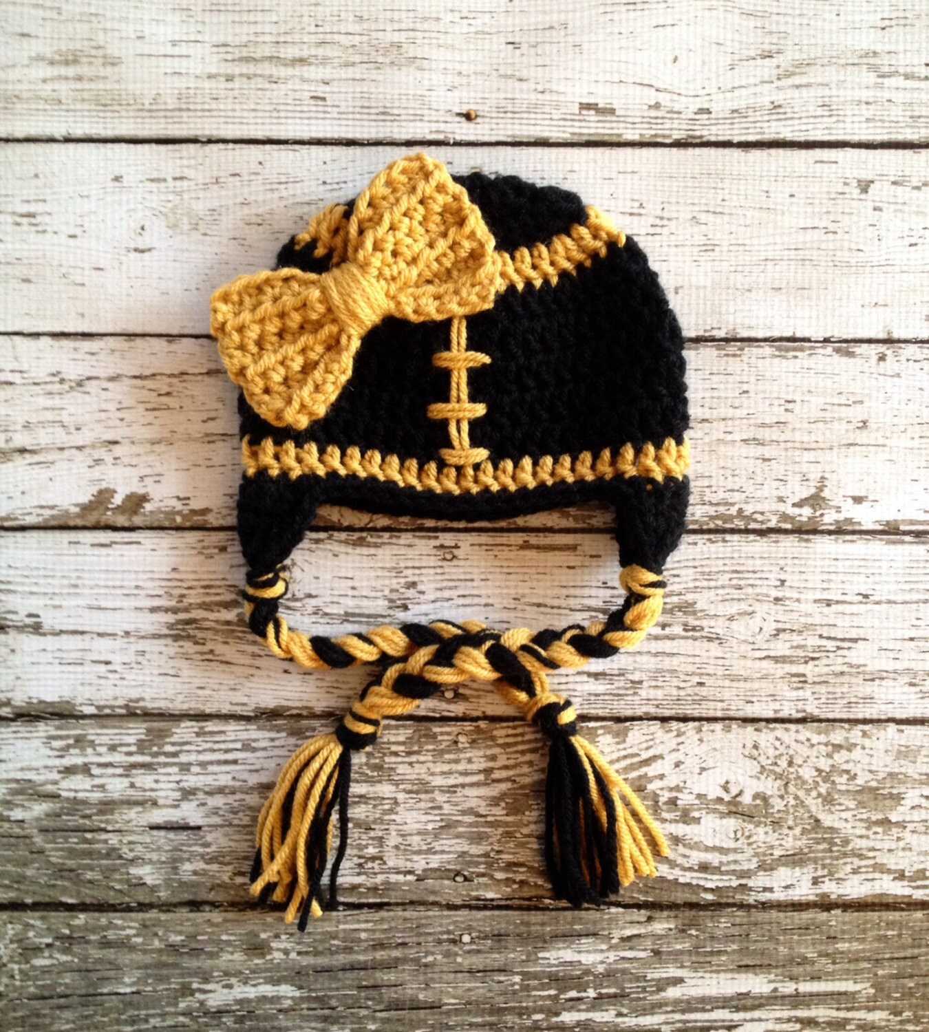 New Orleans Saints Inspired Little Miss Football Beanie in Black and Gold Available in Newborn to 5 Years Size- MADE TO ORDER